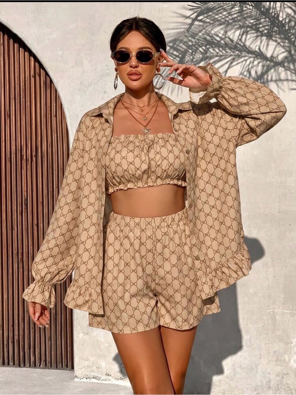 Beige 3 piece -Piece Crop Top & Shorts and Shirt Matching Lounge Set size S - Picture 3 of 6